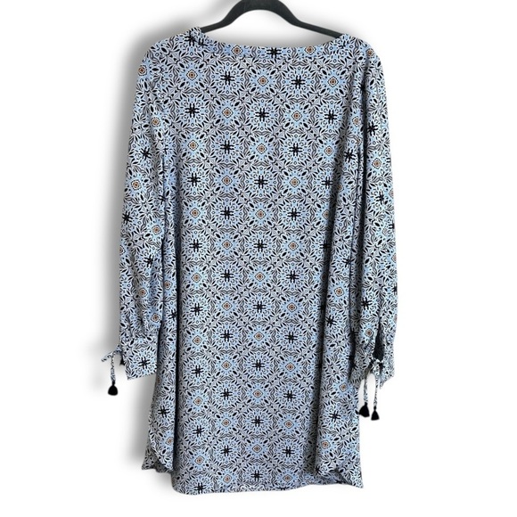 LOFT Blue and White geometric Patterned Shift Dress w/ 3/4 tassel tie sleeves - Picture 7 of 7